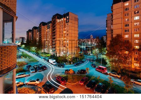 Sleeping area in the evening. Multi-story houses. apartment buildings. View from the window