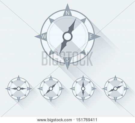 Compass flat icons with long shadow, different directions. Vector illustration