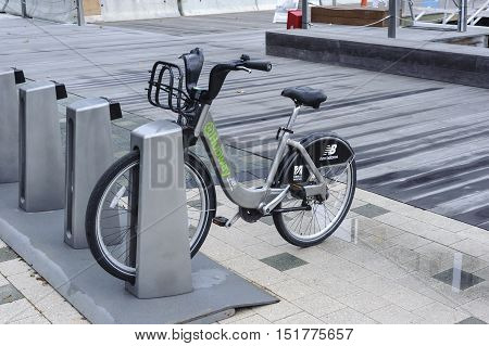South Boston Massachusetts USA - October 13 2016: Bicycle waiting for next rider in the Hubway public bike sharing system in Boston