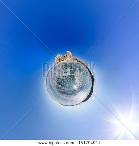 Spherical Panorama Shaman Rock Or Cape Burhan On Olkhon Island In Winter, Surrounded By The Blue Ice