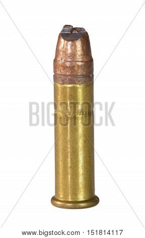 Large cut in a lead bullet on a rimfire cartridge isolated on white