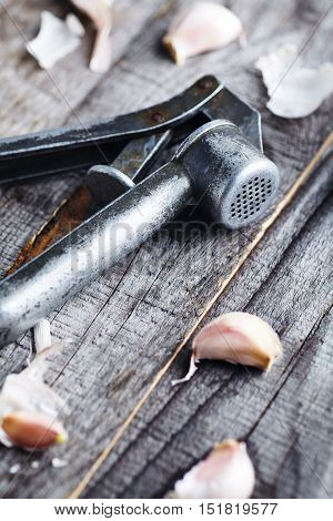 Top view of Garlic and vintage garlic press on wooden background