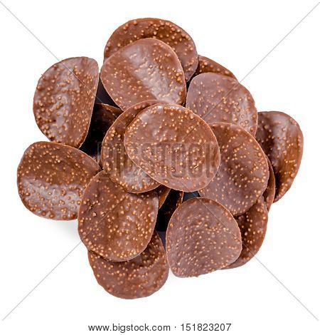 Top View Of Dark Chocolate Chips Is Isolated On White Background, Close Up