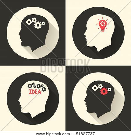Head with brain and idea lamp bulb pictograph. Male human think symbols. Vector illustration