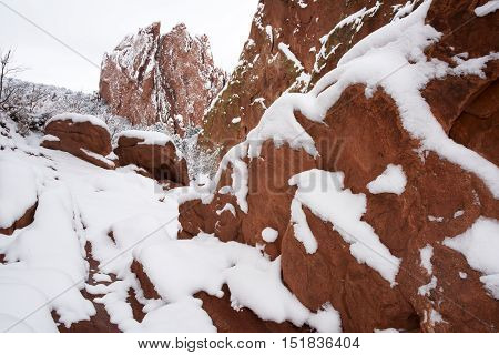 Snow at The Garden of the Gods in Colorado Springs Colorado