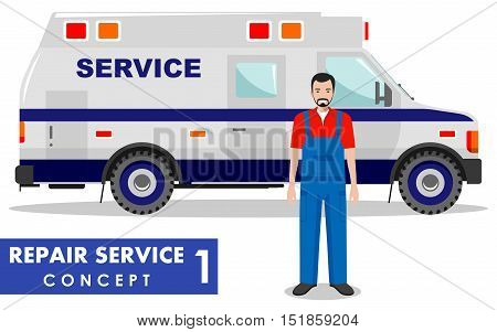 Detailed illustration of service car and master repairer on white background in flat style.