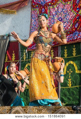 Marvao Portugal - October 1 2016: Bellydancer in the celebration of Al mossassa in the town of Marvao Portalegre Alentejo Region Portugal