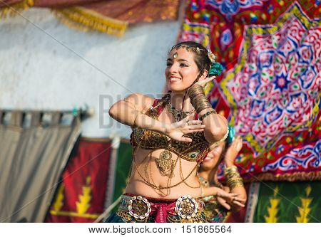 Marvao Portugal - October 1 2016: Bellydancer in the celebration of Al mossassa in the town of Marvao Portalegre Alentejo Region Portugal