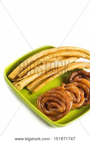 Indian Cuisine Fafda and Jalebi on white