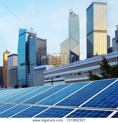 Hong Kong's modern architecture and solar panels