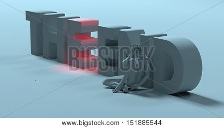 Sad depressed man low poly 3d render near The End lettering sign illustration