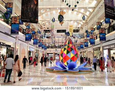 Delhi, India - 8th Oct: Festival decorations at a shopping mall in Delhi. The shopping season sees a huge number of people heading to these malls for the deals, discounts and offers