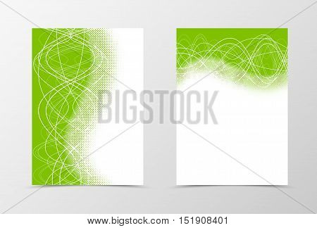 Flyer template design with halftone effect. Abstract flyer template in green color with curly lines . Wavy flyer design. Vector illustration