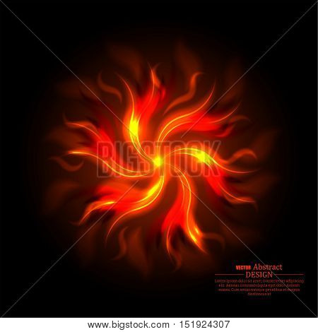 Fiery abstract background. The turning tongues of flame on a black substrate. A revolving object from fire clots. Wall-paper on a desktop. Vector illustration.