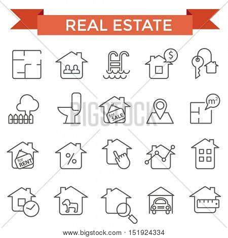 Real estate icons, thin line flat design