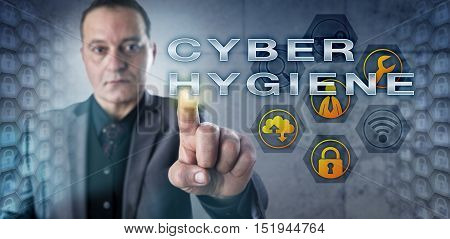Mature corporate computer user is observing CYBER HYGIENE while interacting with a virtual screen. Information technology concept for the responsibility of an individual regarding internet security.