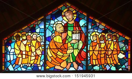 SAINT BENOIT DU LAC CANADA 10 15 16: Stained glass window inside the chapel Saint Benedict Abbey, is an Abbey was founded in 1912 by the exiled of St. Wandrille, France under Abbot Dom Joseph Pothier