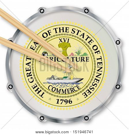 Tennessee state seal snare drum batter head with tuning screws and with drumsticks over a white background