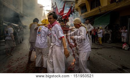 Hatyai Songkhla Vegetarian Festival in Thailand. Date Oct. 7, 2016. People celebrate a vegetarian festival during the festival ritual mortification is practiced to appease the Gods.Action photography Capturing movement..