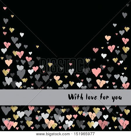 Dark horizontal design with hearts confetti on black background. Romantic trendy heart frame. Valentine day design for love card, valentine day greetings. Vector illustration stock vector.