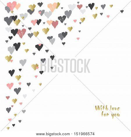 Light corner design with hearts confetti on white background. Romantic trendy heart frame. Valentine day design for love card, valentine day greetings. Vector illustration stock vector.