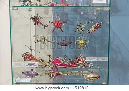 KLIN RUSSIA - JANUARY 16 2016: Old Soviet Christmas toys - airplanes and airships. 40-50 years of the 20th century. Museum of Christmas toys.