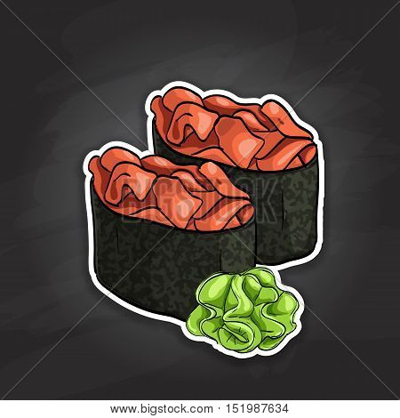 Vector sushi color sticker, Gunkan Spicy Sake. Vector illustration, EPS 10