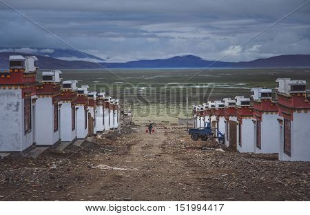 Tibetan homes in a Darchen village which is a starting point for the trek around holy mountain Mount Kailash.
