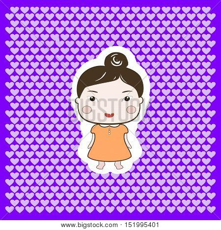 Cute Happy Cartoon Drawing Style Foxy Baby Girl On Dotted Background