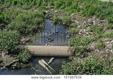 Very polluted river that runs through the village.