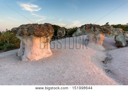Sunrise landscape of The Stone Mushrooms, near Beli plast village, Kardzhali Region, Bulgaria