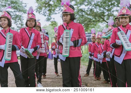 Kanchanaburi Thailand - July 18 :   Thai School Marching Band On Street, In Athletic Game Opening Da