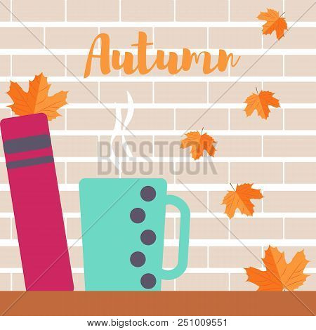 Autumn Mood Leaves A Cup And A Book. Vector Illustration