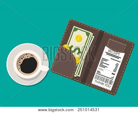 Folder With Cash Coins And Cashier Check. Coffee Cup. Thanks For The Service In The Restaurant. Mone