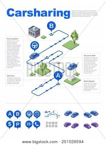 Isometric Carsharing Illustration 3d Of Car Sharing Or Carpool Service Location And Route Direction 