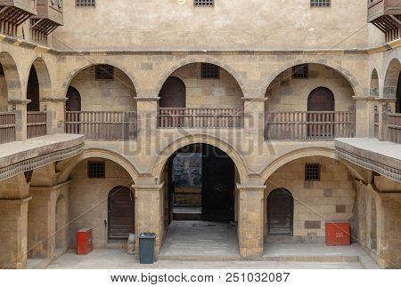 Cairo, Egypt - March 18 2017: Facade Of Caravansary (wikala) Of Bazaraa, With Vaulted Arcades And Wi