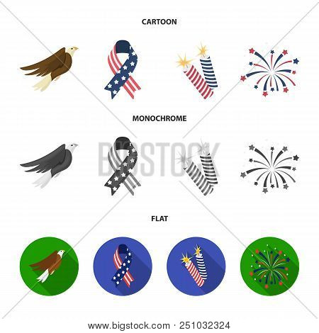 American Eagle, Ribbon, Salute. The Patriot Day Set Collection Icons In Cartoon, Flat, Monochrome St