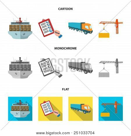 Sea Freight, Signature Of Delivery Documents, Truck, Tower Crane With A Container. Logistics And Del