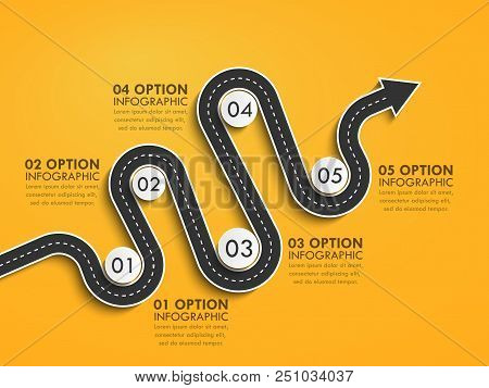 Road Way Location Infographic Template With A Phased Structure. Winding Road Timeline. Stylish Serpe