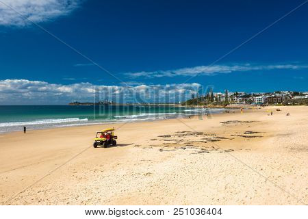 MOOLOOLABA, AUSTRALIA, JUL 22 2018: People enjoying summer at the Mooloolaba beach - a famous tourist destination in Queensland, Australia.