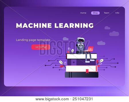 Machine Learning Algorithm Concept With Artificial Neural Network, Deep Learning. Robot With Laptop 