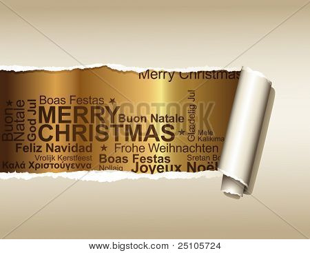 撕纸在不同语言中显示金色背景与圣诞问候