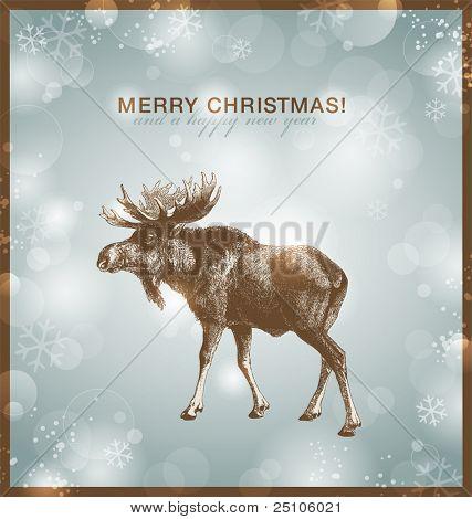 helle Winter/Weihnachten Hintergrund oder Karte mit Elch vor dem schneebedeckten verschwommenen Hintergrund