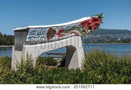 Vancouver, Canada - July 15, 2018: Monument Displaying The Figurehead Of Ss Empress Of Japan Looking