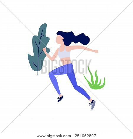 Sportive Slim Girl Jogging Or Running On Abstract Floral Elements Background. Young Woman Doing Spor