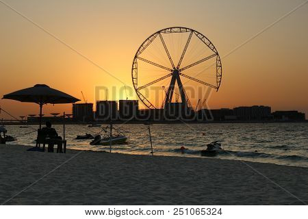 Dubai Sunset View With Bluewaters Island Construction And Ain Dubai Ferris Wheel.