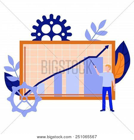 Flat Adult Man Making Announcement, Advertising Or Message On Presentation Pointing By Pointer Stand