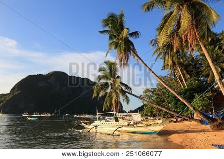 Philippines Beach Landscape - Corong Corong Beach In El Nido, Palawan Island. Sunset Light.