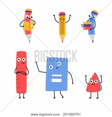 Cute Pencil Characters Holding Books And School Supply - Rular, Textbook And Eraser Waving Hand Set.