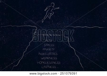 From Fear To Success Conceptual Illustration: Metaphor Of Person Jumpying Over A Cliff With Negative